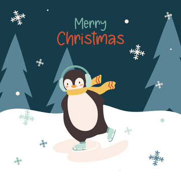 Christmas Cute Little Penguin is skating. Vector illustration in flat style
