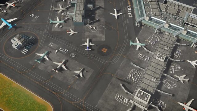 Aerial View of a 3D Commercial Airport Render with Parked Planes, Passenger Terminals, Runway and Service Machinery. Top Down View of Modern VFX Aircrafts in International Travel Logistics Chain.