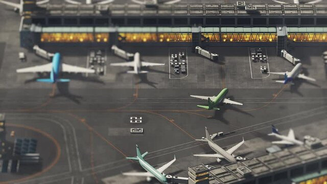 Aerial View of a 3D Commercial Airport Render with Planes, Passenger Terminals, Runway and Service Machinery. Top Down View of Modern Aircraft Parking in International Airport. Tilt Shift VFX Shot.
