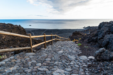 Echentive volcanic black sand beach in Fuencaliente, La Palma, Canary Islands. The beach was formed...