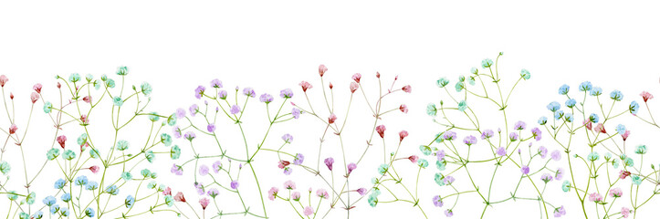 Seamless gentle pattern in the strip . Hand - drawn flowers of multicolored gypsophiles . Watercolor illustration.