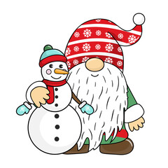 Christmas dwarf with a snowman, Cute cheerful gnome