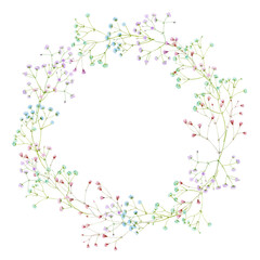 A delicate wreath of gypsophila flowers of different colors. Watercolor illustration.