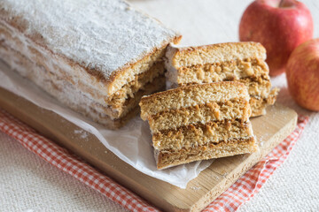 Layered russian apple pastille marshmallow on paper on a board, red apples in background. Selective focus. Vegan food