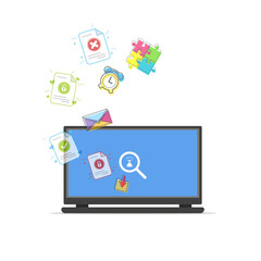 Vector illustration concept of modernization education, work, and information. Laptop with many colorful icon, clock, puzzle piece, folder, document, and mail.