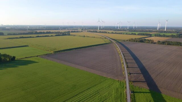 Panoramic View Of Maglev Test Track With Farm Wind Turbines At Background Near Lathen In Emsland, Germany. Aerial