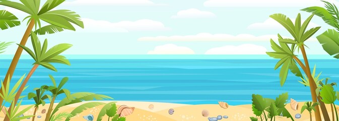 Fototapeta na wymiar Sea beach. Summer seascape. Far away is the ocean horizon. Calm weather. Seashells and palm trees. Flat style illustration. Vector.