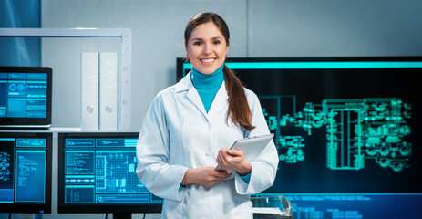 Workplace of young woman in modern microelectronics manufacturing lab. Engineer works in a modern...