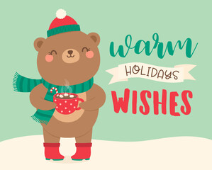 Cute teddy bear holding a cup of hot chocolate with marshmallows with text “warm holidays wishes” for christmas and new year card design.