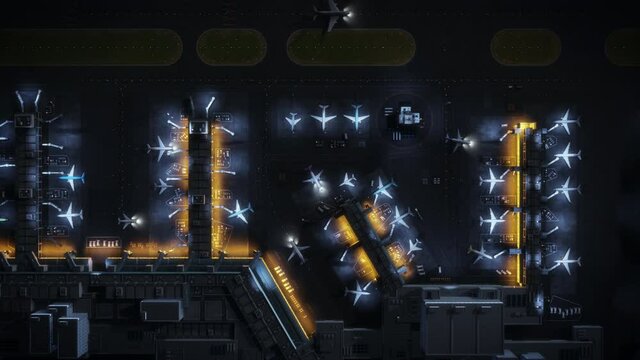 Aerial View of a 3D Commercial Airport Render with Airplanes, Passenger Terminals, Runway and Service Machinery. Top Down Panning View of Modern VFX Aircrafts Moving International Port During Night.