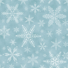 Snowflakes seamless repeat pattern on watercolor background. Christmas and New Year ornamental print