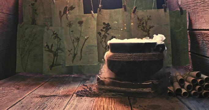 Strange smoke flowing from witches cauldron for Halloween.