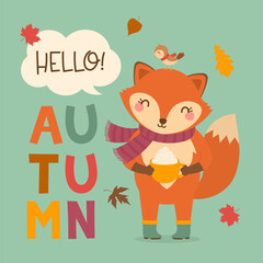 Cute fox holding pumpkin spice cup and little bird cartoon with text “Hello autumn” for autumn greeting card design. Autumn season cartoon illustration.