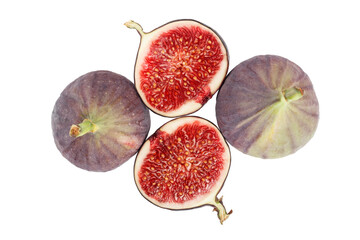 A set of three figs one has been sliced isolated on white background.