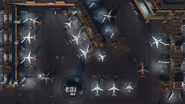 Aerial View of a 3D Commercial Airport Render with Airplanes, Passenger Terminals, Runway and Service Machinery. Top Down Panning View of Modern VFX Aircrafts Moving International Port in the Evening.