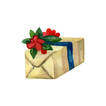Hand drawn Christmas box wrapped in paper and decorated with branches and ribbons. Watercolor vector illustration 