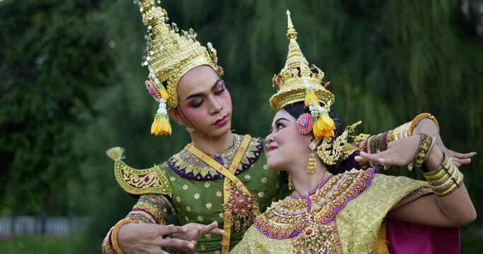 Close up of Khon performance arts acting entertainment dance traditional costume in the park