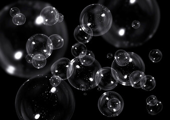 Abstract Transparent Soap Bubbles Floating on Black Background