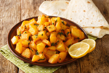 Batata harra or spicy potatoes, is a traditional Lebanese recipe for spicy roasted potatoes close up in the plate on the table. Horizontal