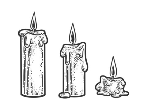 Three burning melted candles sketch engraving vector illustration. T-shirt apparel print design. Scratch board imitation. Black and white hand drawn image.