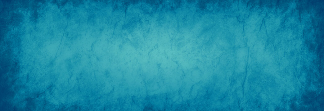 blue background with old grunge texture, distressed vintage blue wrinkled paper or old stone wall with cracks and dark blue border, faded light center color, elegant banner design