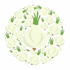 Onions in circle. Vector flat design template. Background of food, farm, gardening or horticulture. - 463766505