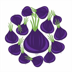 Red onions in circle. Vector flat design template. Background of food, farm, gardening or horticulture. - 463766506