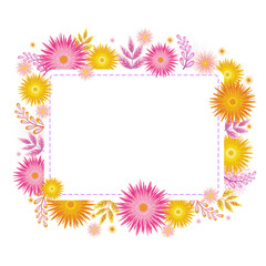 Flower frame made from pink, yellow and ornamental gerberas. Spring background in vector with place for text. Element for design, greeting cards, invitations, banners and other purposes. Vector illust
