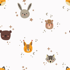 Cute animals, childish seamless hand-drawn pattern. Digital paper with hare, wolf, fox, bear, squirrel and beaver. Vector illustration.