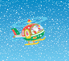 Christmas background with Santa Claus and a toy snowman friendly smiling, waving in greeting and piloting a colorful helicopter with holiday gifts through snowfall, vector cartoon illustration