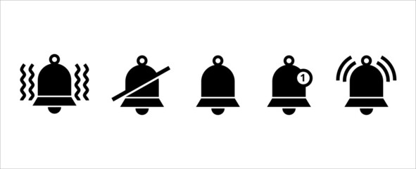 Notification bell vector icon set. Reminder icons collection. Alarm symbol illustration. Ringing bells. Alarm clock and smart phone application alert sign. New message notifier symbol.