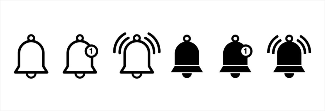 Notification bell vector icon set. Reminder icons collection. Alarm symbol illustration. Ringing bells. Alarm clock and smart phone application alert sign. New message notifier symbol.
