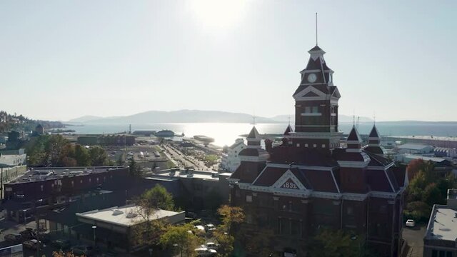 Whatcom Museum, Old City Hall Building In Bellingham, Washington State, USA - aerial drone shot