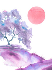 Watercolor bush, a tree. pink, purple silhouette of trees against the background of sunset, sunrise.Watercolor landscape, forest.Suburban landscape at sunset. A tree on a cliff, a slope. Spring day 