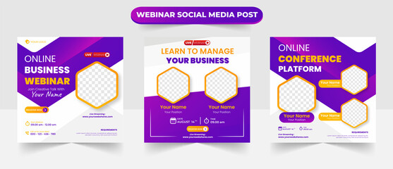 Set of social media post layout for online live webinar video conference training seminar and learning course square banner flyer poster template design