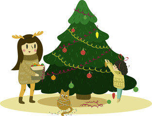 Obraz na płótnie Canvas Family decorates a Christmas tree. Happy mother with daughter decorates the Christmas tree. Christmas vector illustration. family, winter holidays and people concept.