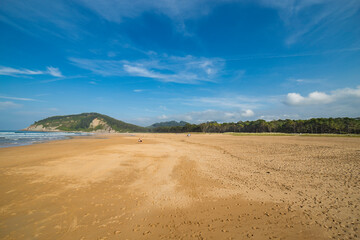 large beach on a sunny day at sunset with very few people. copy space. text space. rodiles beach, asturias. Spain