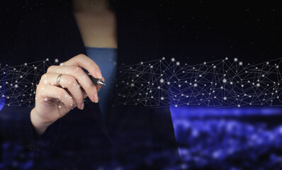 Technical Support Customer Service Business Technology Internet. Hand holding digital graphic pen and drawing digital hologram wave sign on city dark blurred background. Innovation, big data