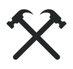 Crossed hammers vector icon. Sledge hammer symbol. Blacksmith tool sing. Industry and construction logo. Silhouette isolated on white background.