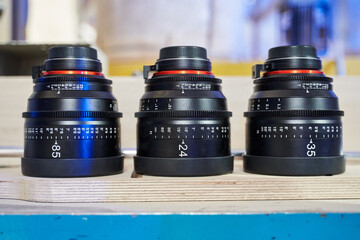 professional lenses for the camera. three lenses at different distances