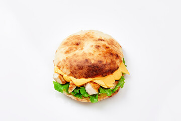 Big delicious chicken hamburger on white backgroung.