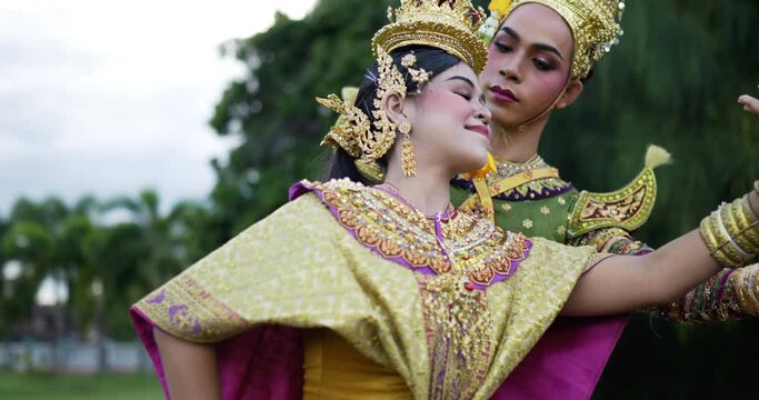 Close up of Khon performance arts acting entertainment dance traditional costume in the park