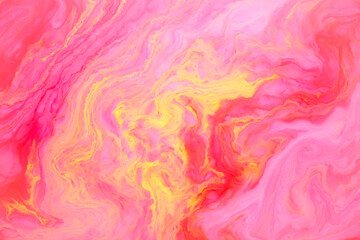 Abstract colored marble background, stains of pink and yellow paint on the surface of the water. Liquid colorful backdrop.