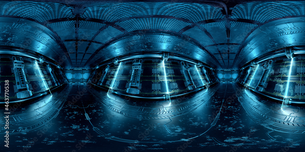 Aufkleber HDRI panoramic view of dark blue spaceship interior. High resolution 360 degrees panorama reflection mapping of a futuristic spacecraft 3D rendering