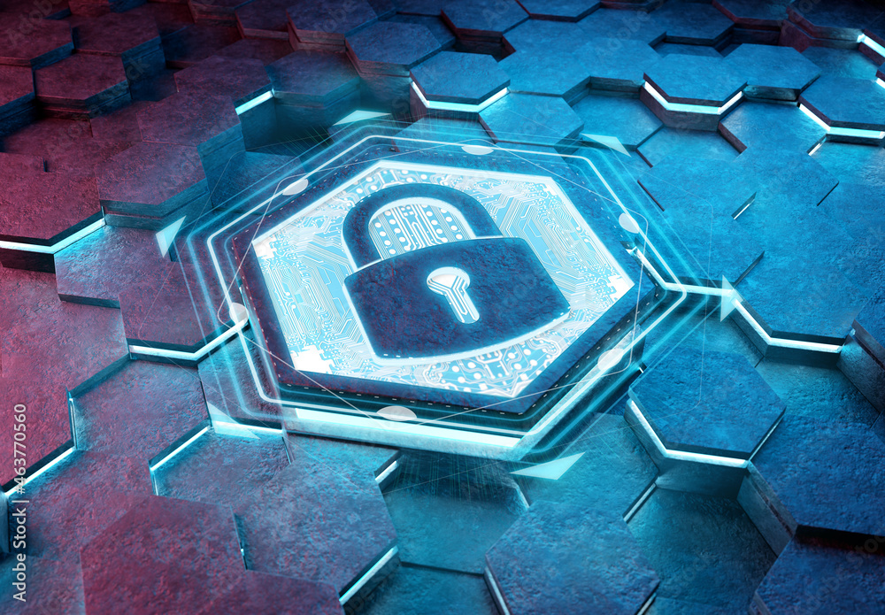 Poster Web security icon concept engraved on metal hexagonal pedestral background. Padlock Logo glowing on abstract digital surface. 3d rendering
