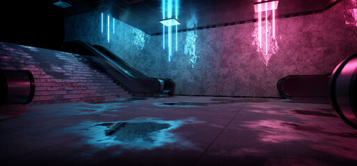 Realistic underground subway station Background with wet floors. Futuristic metro interior with blue and pink glowing neon lights and escalators. 3D Rendering