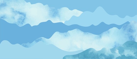 Fototapeta premium Blue waves, clouds, snowdrifts, hills, mountains abstract background. Watrercolor texture.