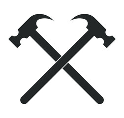 Crossed hammers vector icon. Sledge hammer symbol. Blacksmith tool sing. Industry and construction logo. Silhouette isolated on white background.