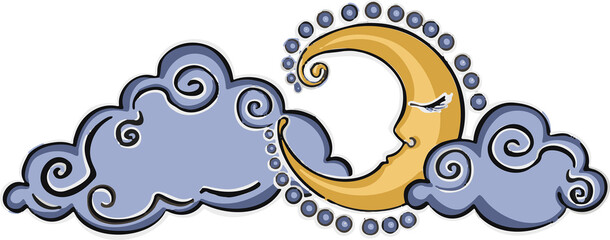 Line vector month the moon sleeps in the clouds in the sky