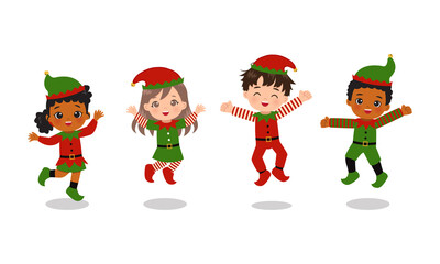 Cute boys and girls in Christmas elf costume jumping together. Flat vector cartoon design - obrazy, fototapety, plakaty